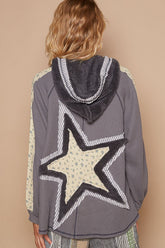 Half Zip Up Fleece Mix Back Star Patch Hoodie POL